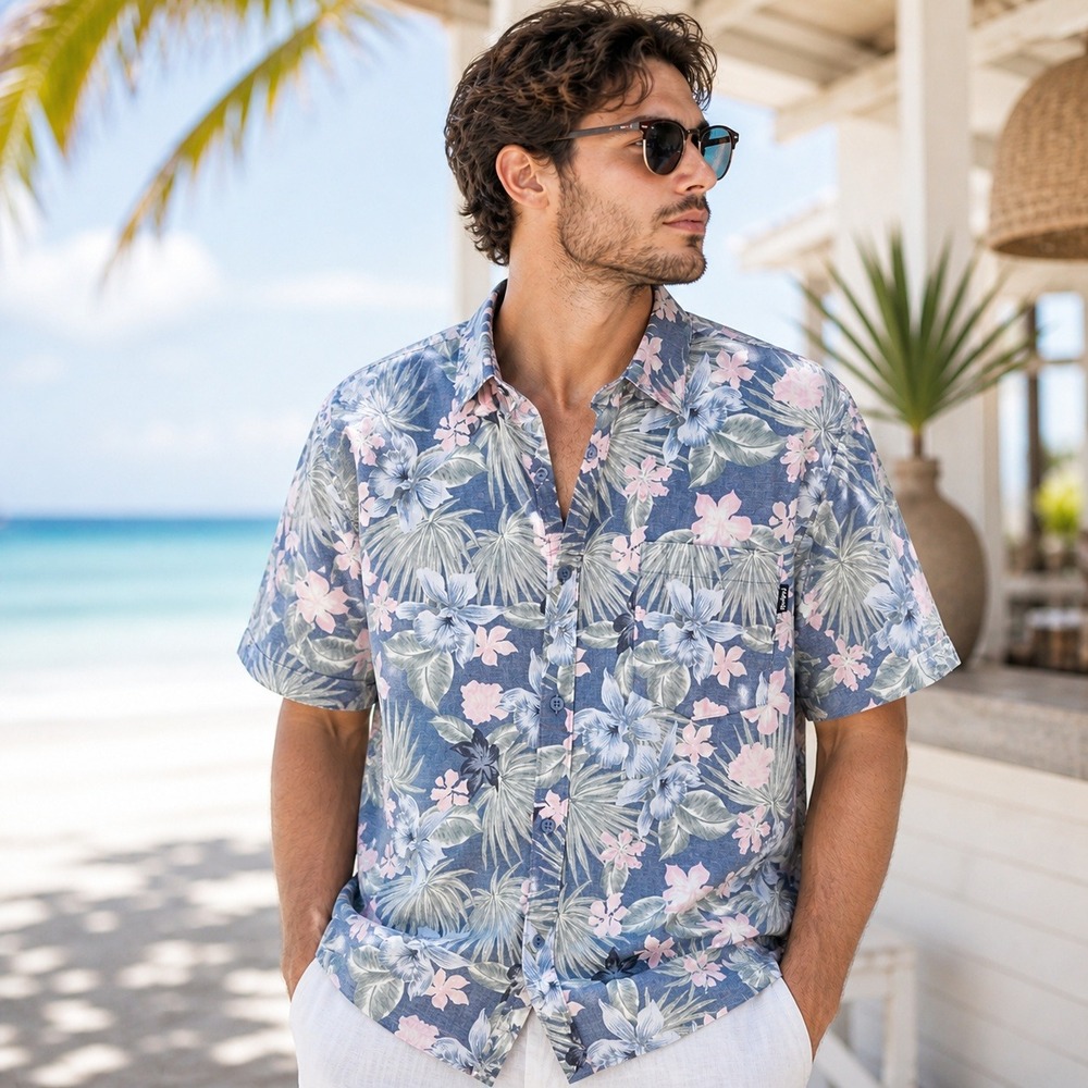 Hurley Shirt Hawaiian Floral Grey Pink Stretch Fit Casual XL